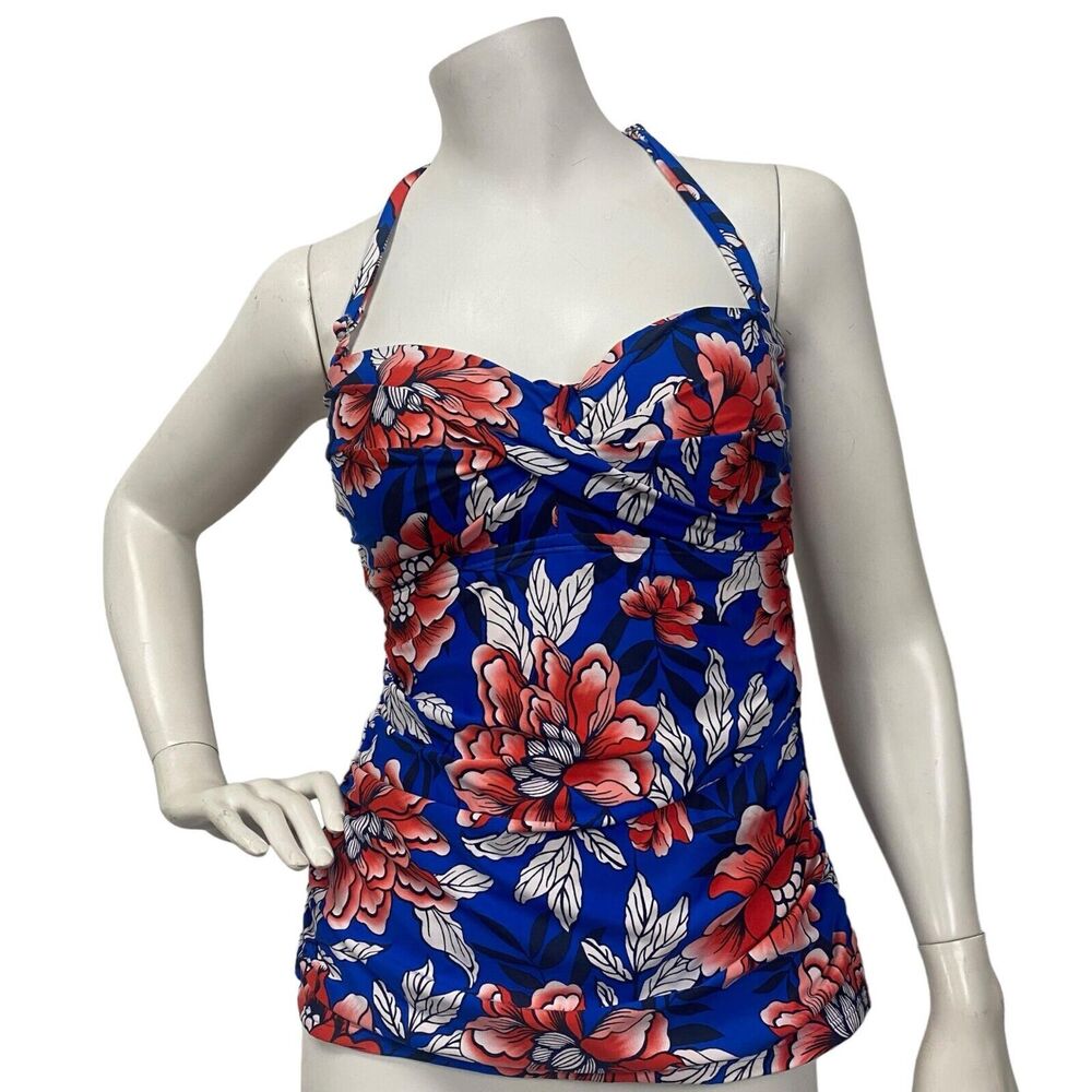 Clean Water Womens‎ Small Blue Floral Print Halter Tankini Swim Tank Top Padded